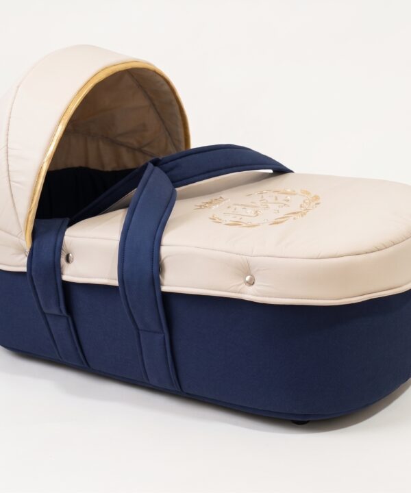 Landau Sortie Clinique Personnalisé – Bleu Marine & Beige avec Finition Dorée