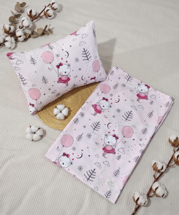 Parure de Lit Bébé 100% Coton "Petite Oursonne & Ballon Rose" - 3 Pièces