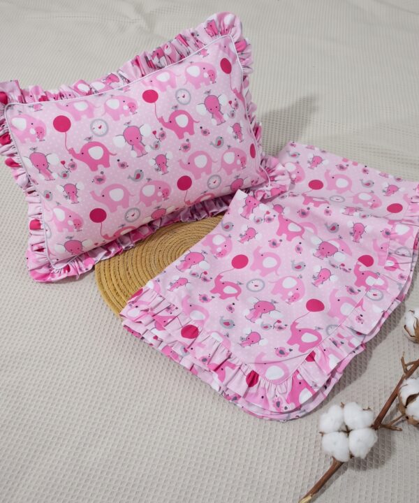 Parure de Lit Bébé Pur Coton à Volants – Motif Éléphants et Ballons Rose
