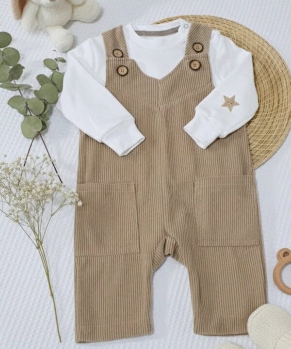Ensemble Bébé Salopette Velours  Beige  | Babyboo