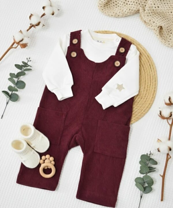 Ensemble Bébé Salopette Velours Rouge Bordeau  | Babyboo