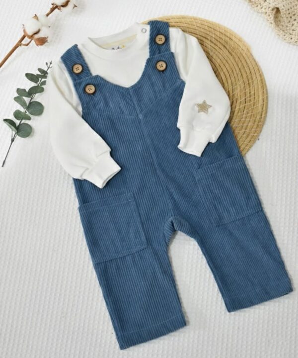 Ensemble Bébé Salopette Velours  Bleu Pastel  | Babyboo