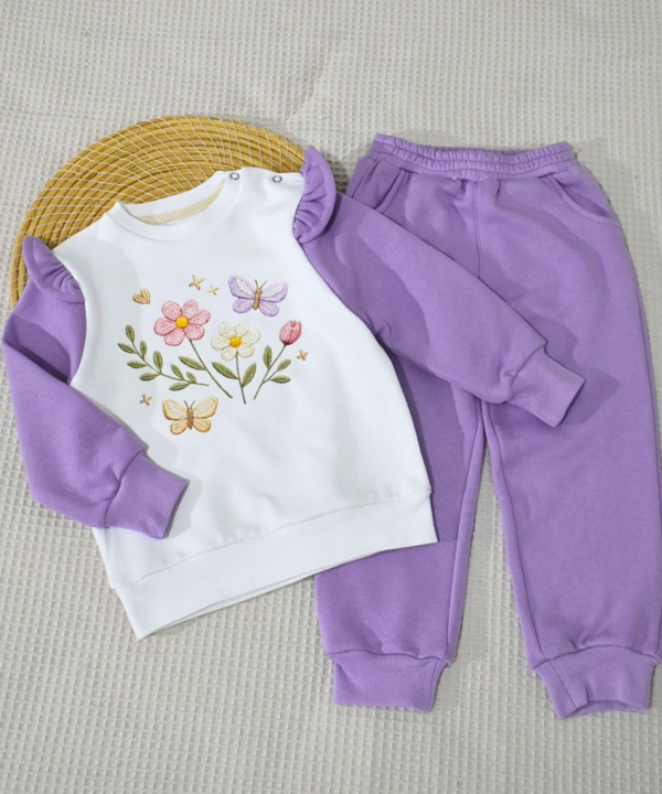 Ensemble Fille Sweat Brodé Fleurs & Papillons – Coton 100%