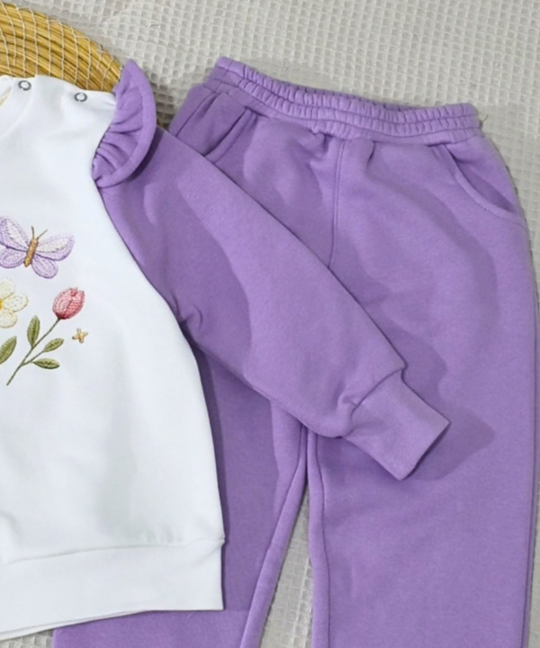 Ensemble Fille Sweat Brodé Fleurs & Papillons – Coton 100% – Image 3