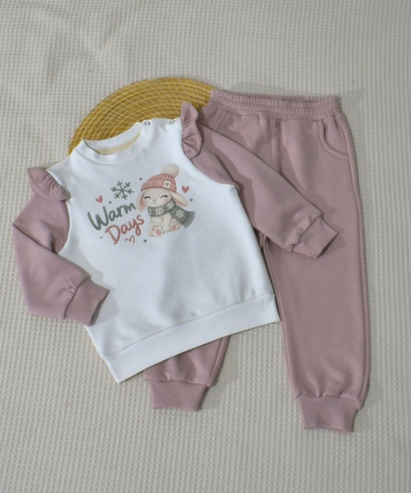 Ensemble Jogging Fille "Warm Days" Lapin d'Hiver – Blanc & Vieux Rose